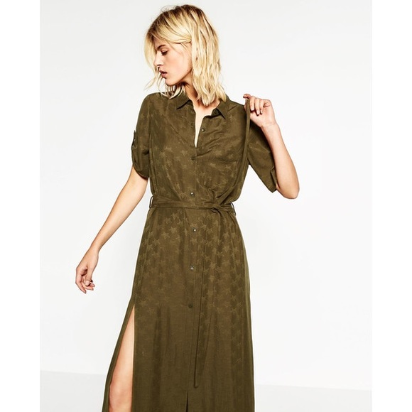 NWT Zara Green Khaki Satin Star Print Shirt Dress - Picture 8 of 8